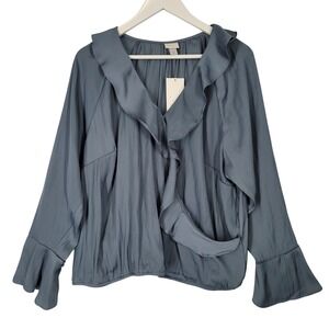 A New Day Teal Blue Ruffle Satin Blouse Top XXL Faux Wrap Bell Sleeve Romantic